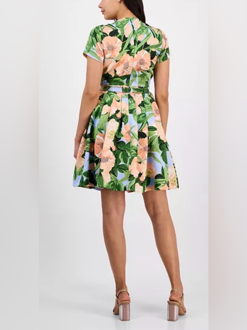 NWT TAHARI ASL Peach Floral Fit-and-Flare Dress with Blue Base - Picture 3 of 8